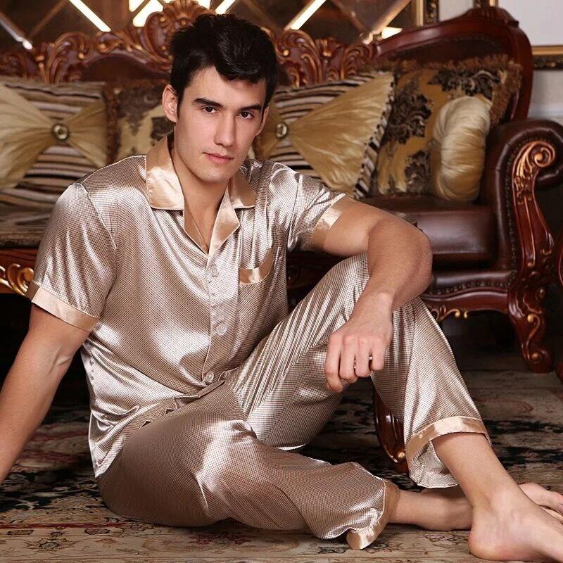 Printed Satin Silk Mens Pajamas High Quality Male Nightgown Sleepwear Autumn Spring Full Sleeves Pants 2Pieces Pajama Set