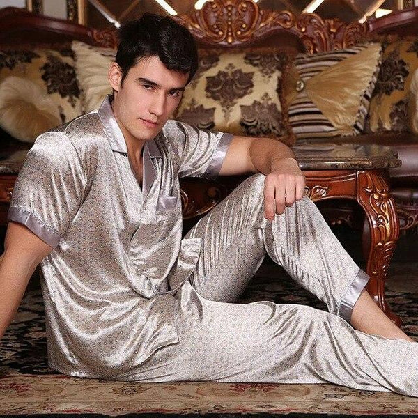 Printed Satin Silk Mens Pajamas High Quality Male Nightgown Sleepwear Autumn Spring Full Sleeves Pants 2Pieces Pajama Set