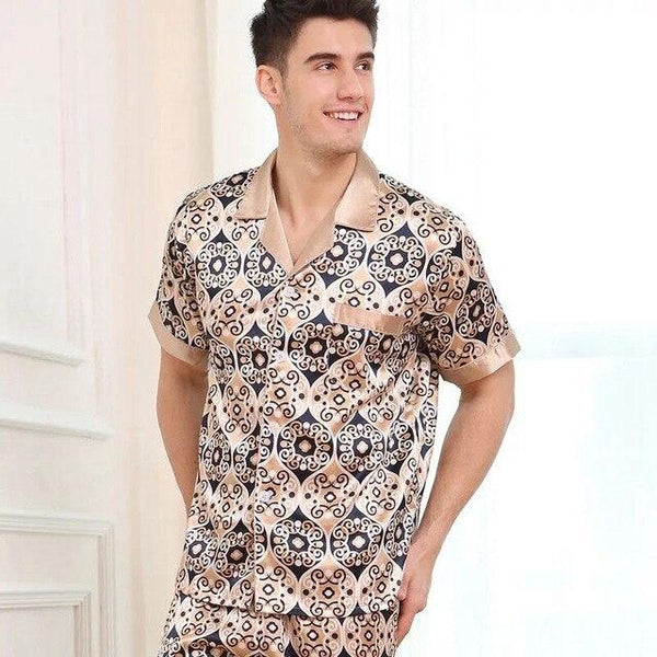 Printed Satin Silk Mens Pajamas High Quality Male Nightgown Sleepwear Autumn Spring Full Sleeves Pants 2Pieces Pajama Set