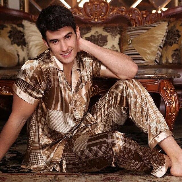 Printed Satin Silk Mens Pajamas High Quality Male Nightgown Sleepwear Autumn Spring Full Sleeves Pants 2Pieces Pajama Set