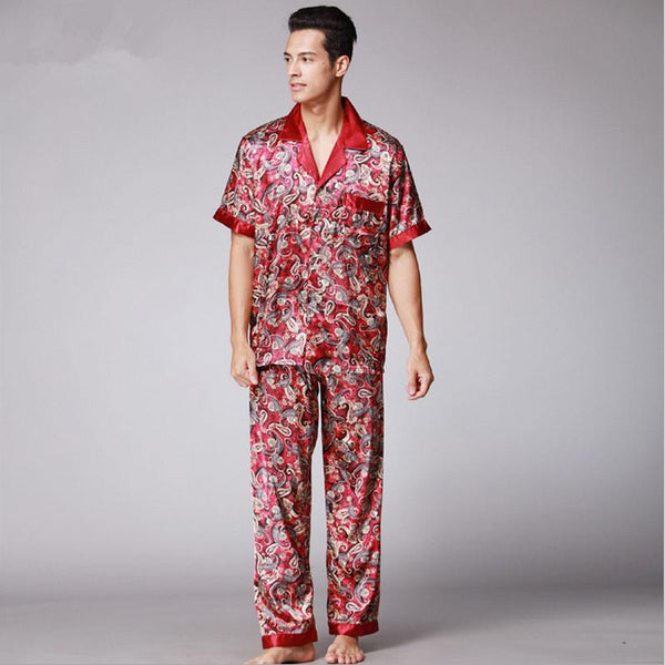 Mens Paisley Silk Pajamas Set Summer Short Sleeve Satin Sleepwear Male Plus Size Loose Dressing Gown Nightgown