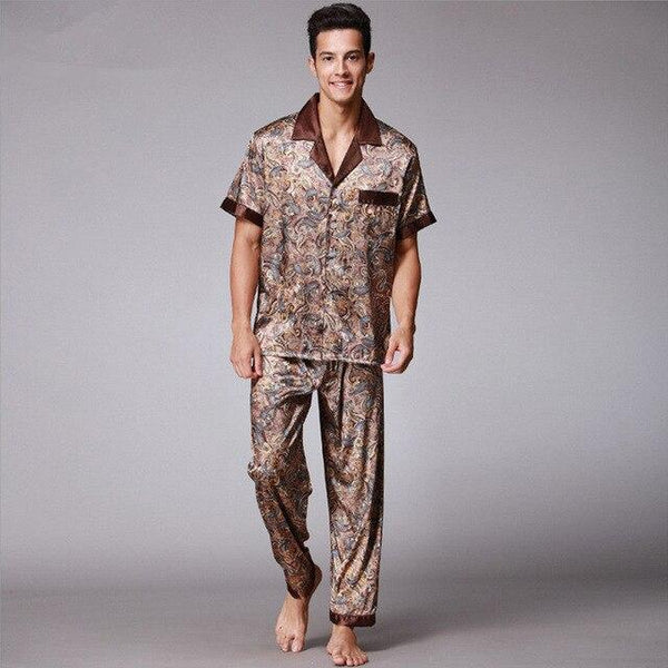 Mens Paisley Silk Pajamas Set Summer Short Sleeve Satin Sleepwear Male Plus Size Loose Dressing Gown Nightgown