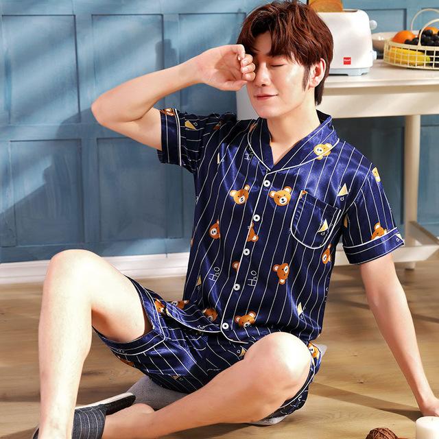 Satin Silk Pajamas Short For Men Summer Sleepwear Male Pajama Set Soft Nightgown For Men Pyjamas Sleep Lounge Big Size L-3XL