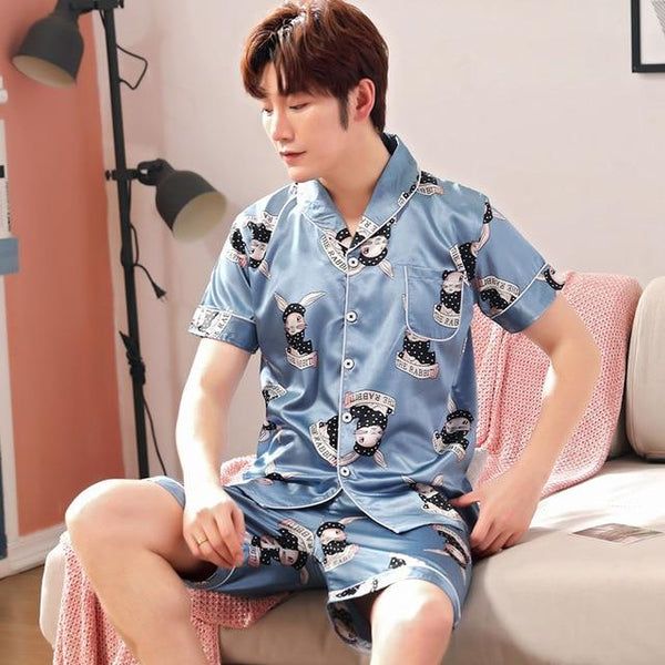 Satin Silk Pajamas Short For Men Summer Sleepwear Male Pajama Set Soft Nightgown For Men Pyjamas Sleep Lounge Big Size L-3XL