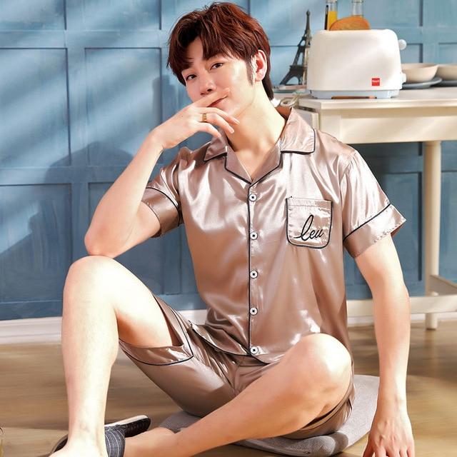 Satin Silk Pajamas Short For Men Summer Sleepwear Male Pajama Set Soft Nightgown For Men Pyjamas Sleep Lounge Big Size L-3XL