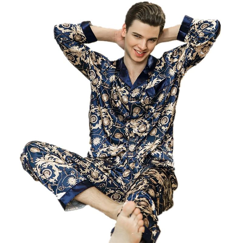 Luxury Silk Pajamas Men's Spring Satin Men Pyjama Sleepwear Long Sleeve Shirt+Pants Home Clothes Suit Soft Nightgown For Male