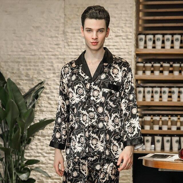 Luxury Silk Pajamas Men's Spring Satin Men Pyjama Sleepwear Long Sleeve Shirt+Pants Home Clothes Suit Soft Nightgown For Male