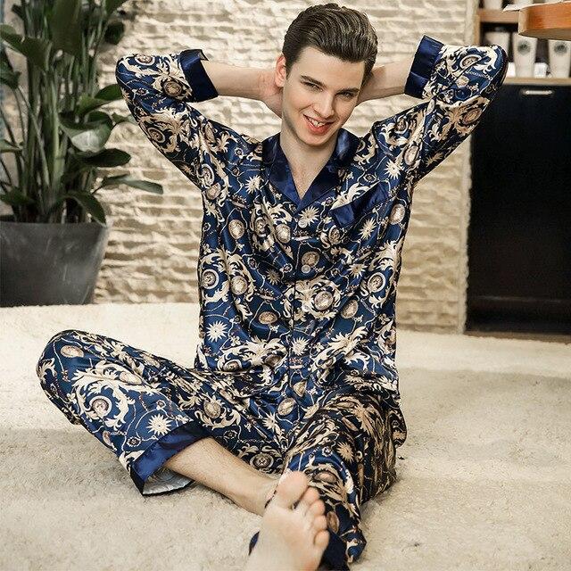 Luxury Silk Pajamas Men's Spring Satin Men Pyjama Sleepwear Long Sleeve Shirt+Pants Home Clothes Suit Soft Nightgown For Male