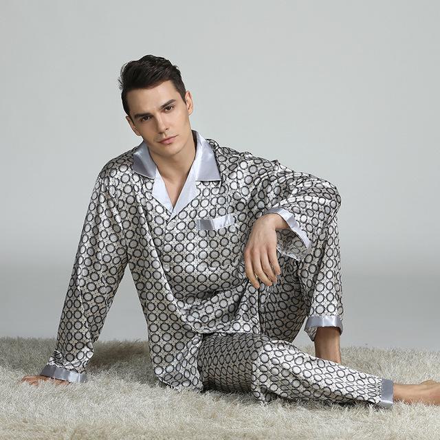 Men's printed silk pajamas set XL casual home clothes long-sleeved pajamas sleep wearman silk long sleeve nightgown pajama sets