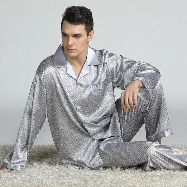 Men's printed silk pajamas set XL casual home clothes long-sleeved pajamas sleep wearman silk long sleeve nightgown pajama sets