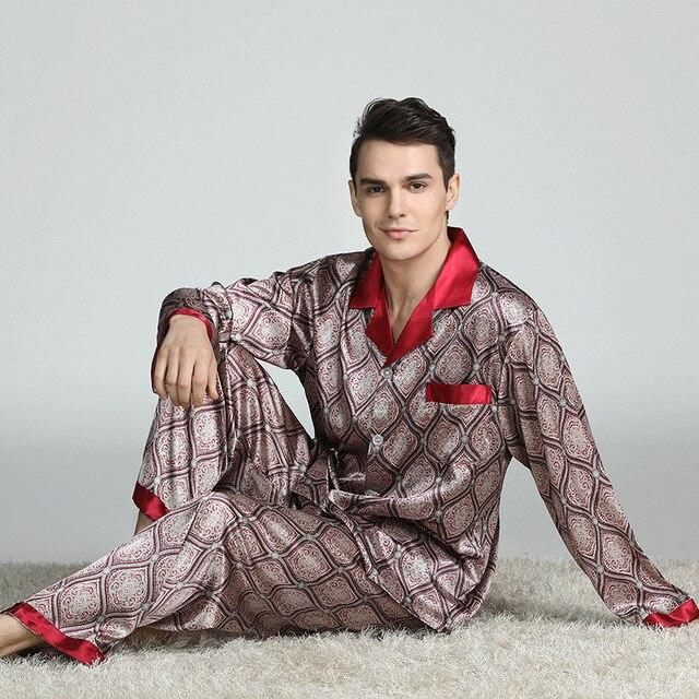 Men's printed silk pajamas set XL casual home clothes long-sleeved pajamas sleep wearman silk long sleeve nightgown pajama sets