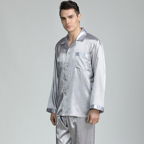 Mens Stain Silk Pajama Set Long Pants Sleeping Pyjamas Male Modern Style Soft Cozy Printed Satin Silk Nightgown Home Clothes