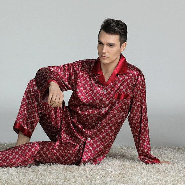 Mens Stain Silk Pajama Set Long Pants Sleeping Pyjamas Male Modern Style Soft Cozy Printed Satin Silk Nightgown Home Clothes