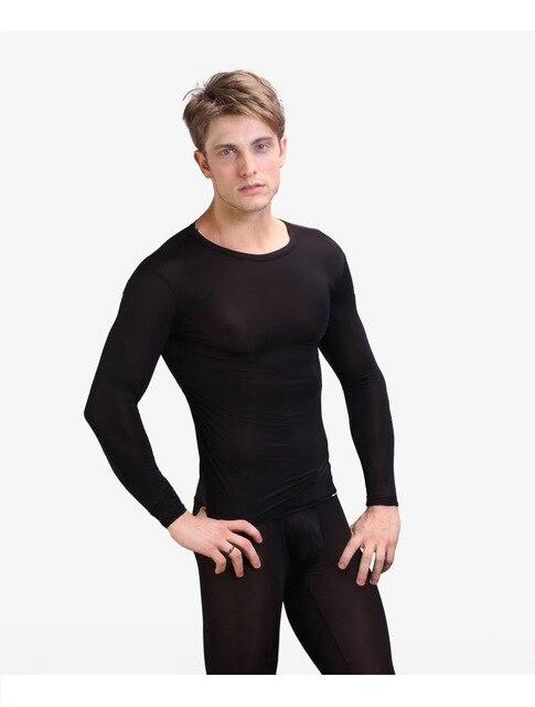 Sexy Men Silk Tight Pajama Sets Male Transparent Bulge Nightgown Long Sleeve Sleepwear Top + Pants for Man Nightweear M L XL