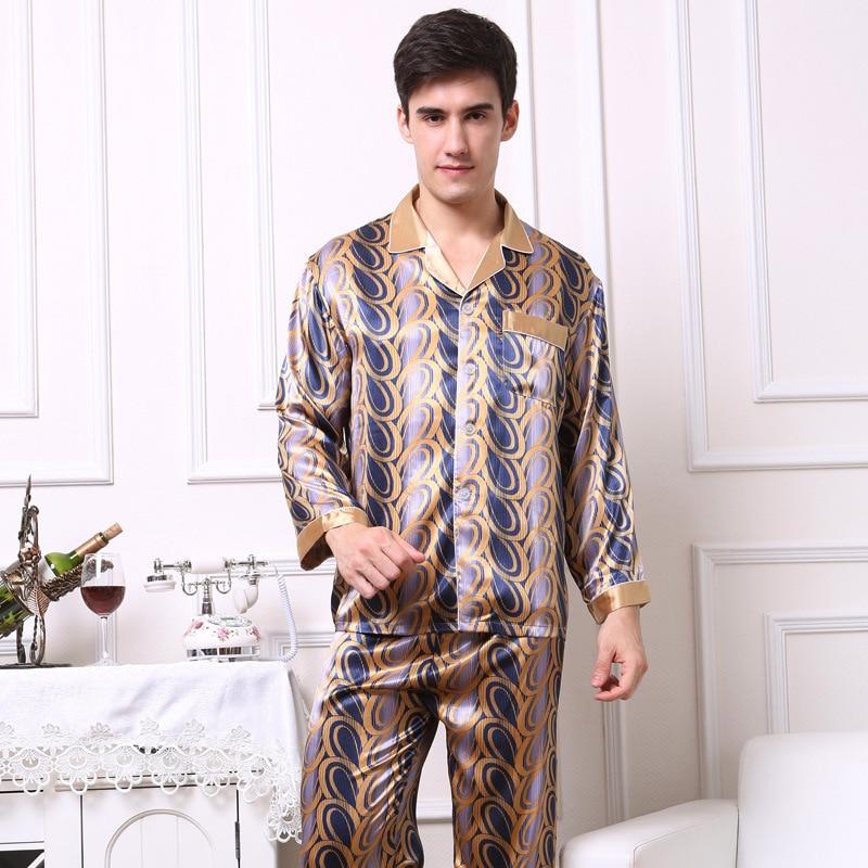 Printed Satin Silk Mens Pajamas High Quality Male Nightgown Sleepwear Autumn Spring Full Sleeves Pants 2Pieces Pajama Set