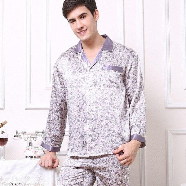 Printed Satin Silk Mens Pajamas High Quality Male Nightgown Sleepwear Autumn Spring Full Sleeves Pants 2Pieces Pajama Set