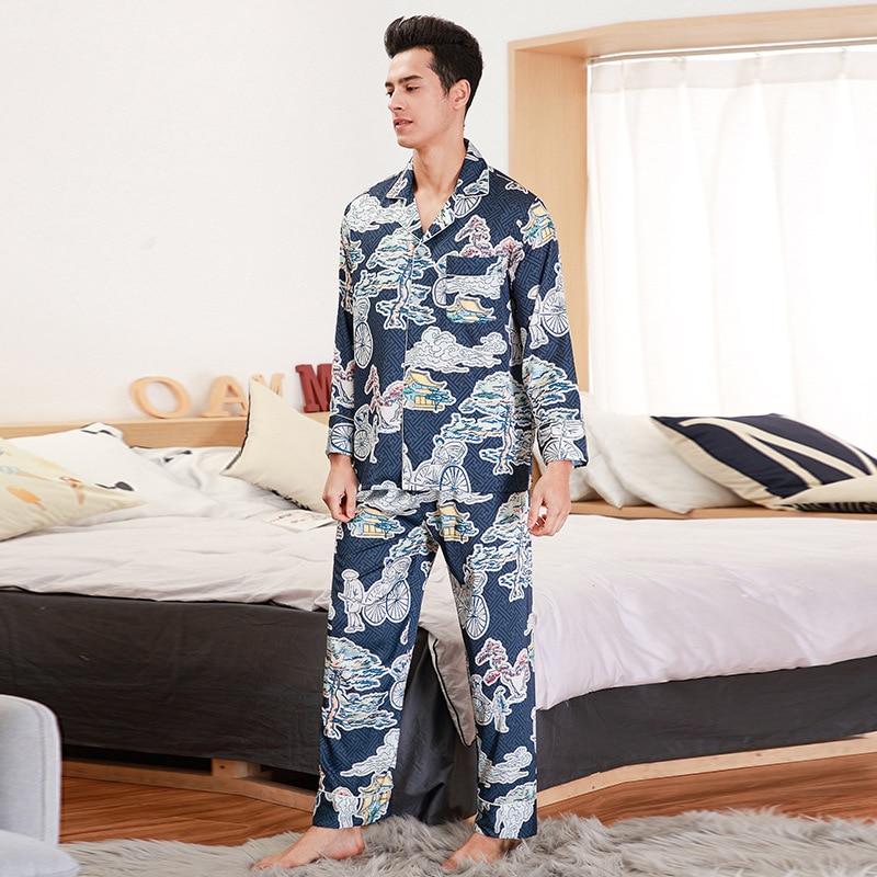 Autumn Luxury Silk Pajamas Mens Long Sleeve Printed Paisley Pattern Pyjamas Set Silk Satin Nightwear Soft Sleepwear Nightgown