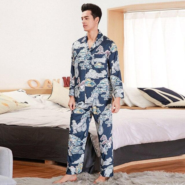 Autumn Luxury Silk Pajamas Mens Long Sleeve Printed Paisley Pattern Pyjamas Set Silk Satin Nightwear Soft Sleepwear Nightgown