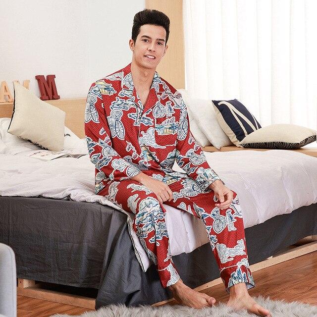 Autumn Luxury Silk Pajamas Mens Long Sleeve Printed Paisley Pattern Pyjamas Set Silk Satin Nightwear Soft Sleepwear Nightgown