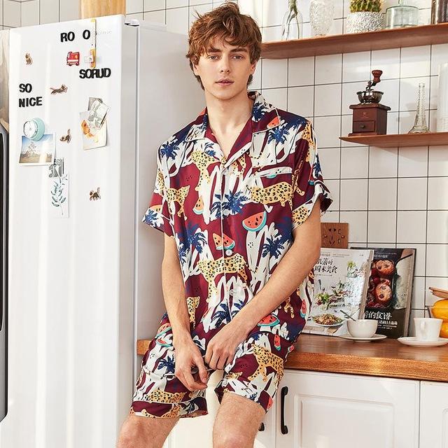 Silky Home Wear Sleep Top Pants Set Mens Summer Robe Bath Gown Casual Male Nightgown Sleepwear Sleepshirts Pijama Mujer L-XXL