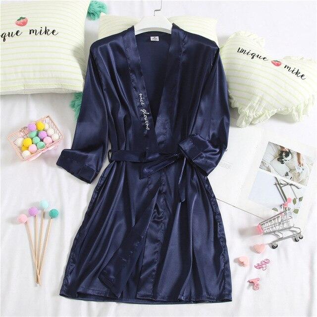 Navy Blue Couple Robe Faux Silk Bath Gown Bathrobe Men's Nightgown Ladies Letter embroidery Sleepwear Size M L XL XXL XXXL