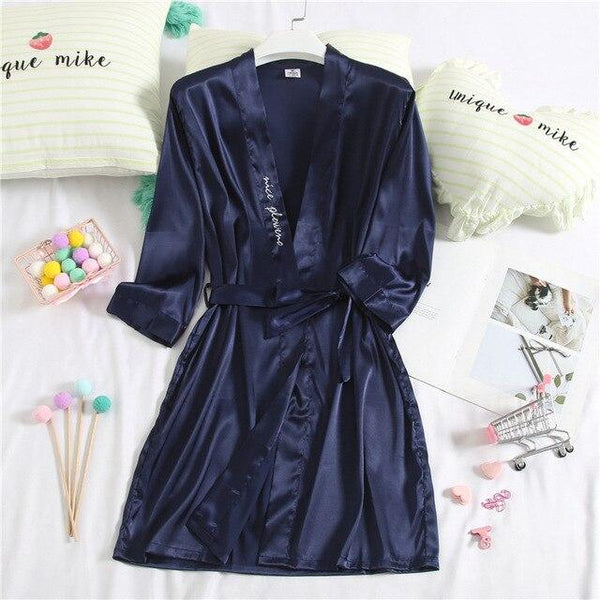 Navy Blue Couple Robe Faux Silk Bath Gown Bathrobe Men's Nightgown Ladies Letter embroidery Sleepwear Size M L XL XXL XXXL