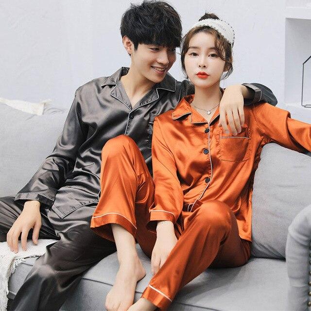 Couple Pajamas Set Spring and Autumn Sexy Satin Silk Lover Pyjamas Long Sleeve Sleepwear Men And Women Nightgown Home Clothing