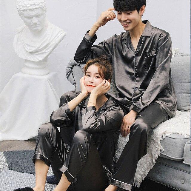 Couple Pajamas Set Spring and Autumn Sexy Satin Silk Lover Pyjamas Long Sleeve Sleepwear Men And Women Nightgown Home Clothing
