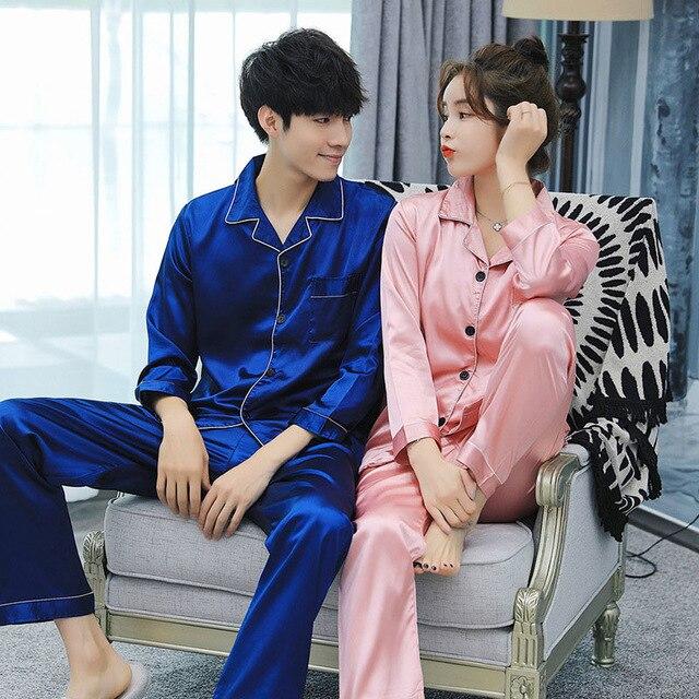 Couple Pajamas Set Spring and Autumn Sexy Satin Silk Lover Pyjamas Long Sleeve Sleepwear Men And Women Nightgown Home Clothing