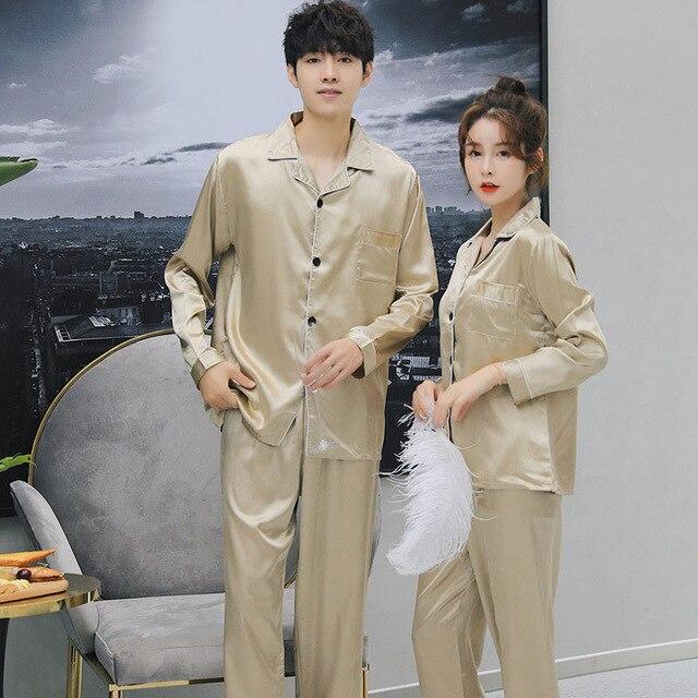 Couple Pajamas Set Spring and Autumn Sexy Satin Silk Lover Pyjamas Long Sleeve Sleepwear Men And Women Nightgown Home Clothing