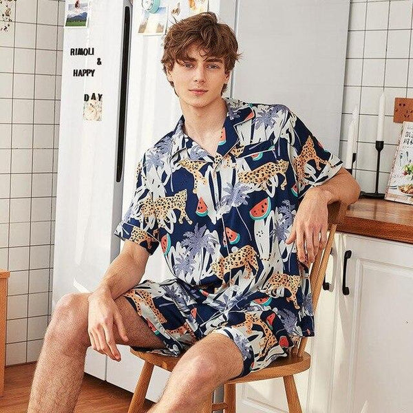Silky Home Wear Sleep Top Pants Set Mens Summer Robe Bath Gown Casual Male Nightgown Sleepwear Sleepshirts Pijama Mujer L-XXL