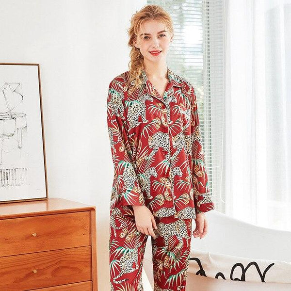 2019 Spring Nightgown For Couples Long Sleeve V-Neck Print Silk Satin Nightwear for Women Men Green,Red