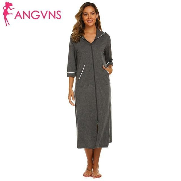 Long Nightgown Women Zipper Night Dress Sleepwear Solid Hooded Long Sleeve Robe Maxi Nightdress Homewear