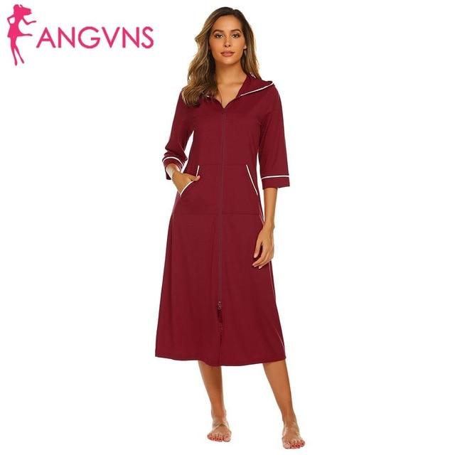 Long Nightgown Women Zipper Night Dress Sleepwear Solid Hooded Long Sleeve Robe Maxi Nightdress Homewear