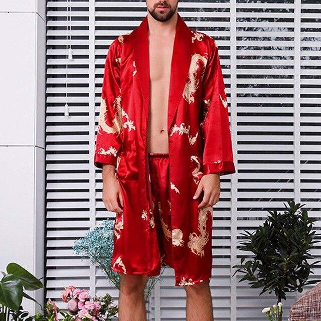 Two-piece Sets Men Satin Silk Kimono Pijamas With Shorts Bottom Sleepwear Robe Nightgown Pajamas hombre Bathrobe pyjama homme