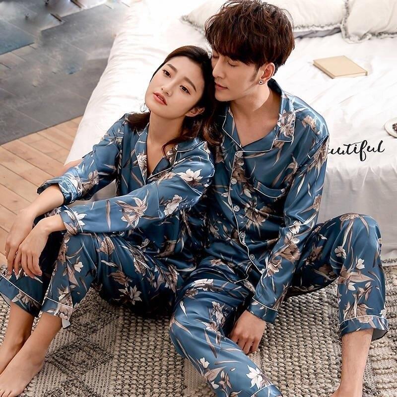 Men and women pajamas Lovers Pajama Sets Winter Silk Men Pajama Sets Sleep Wear Women Satin Nightgown Long Sleeve Pajamas Set