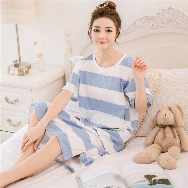 2019 Summer Ladies  Milk Silk Letter Dot Striped Print Loose Long Nightdress Home O Collar Short-sleeved Nightdress