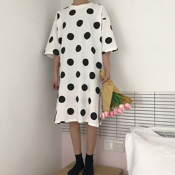 2019 Summer Ladies  Milk Silk Letter Dot Striped Print Loose Long Nightdress Home O Collar Short-sleeved Nightdress