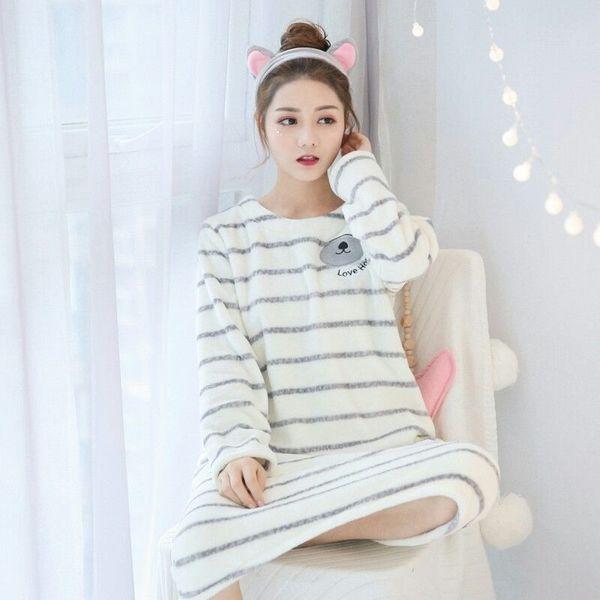 Casual Striped Thick Warm Flannel Nightgowns Night Dress for Women 2018 Autumn Winter Long Sleeve Coral Velvet Nightdress nighty