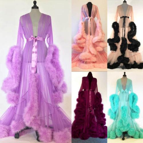 Sexy Lace Night Robe Women Kimono Night Maxi Dress Gown Mesh Long Sleeve Fur Babydoll Party Sleepwear Nightgrown Robes