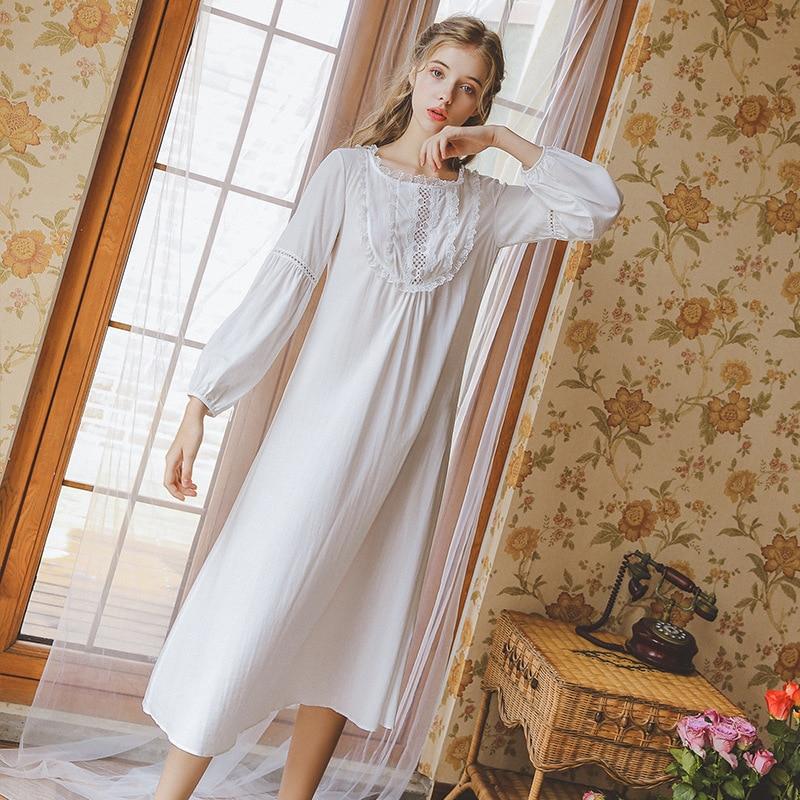 Sleeping Dress Nightdress Autumn Woman Princess Nightwear Long Sleeve White Nightgown  Sleepwear Women Girl