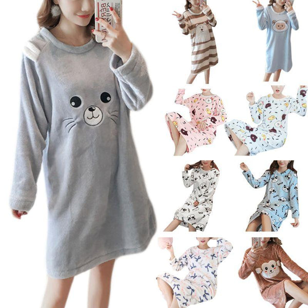 Womens Winter Thicken Flannel Long Sleeve Nightgown Cute Cartoon Animal Bear Printed Sleepwear Sweet Student Loose Knee Length N