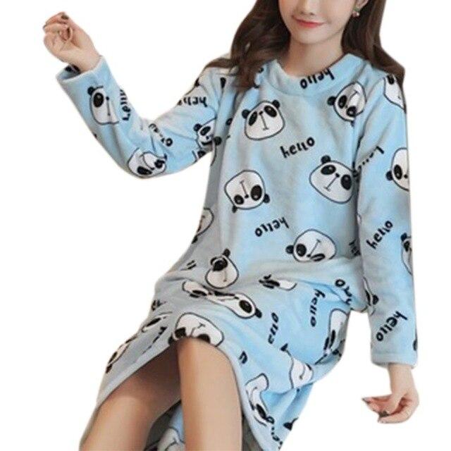 Womens Winter Thicken Flannel Long Sleeve Nightgown Cute Cartoon Animal Bear Printed Sleepwear Sweet Student Loose Knee Length N
