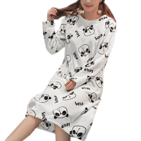 Womens Winter Thicken Flannel Long Sleeve Nightgown Cute Cartoon Animal Bear Printed Sleepwear Sweet Student Loose Knee Length N