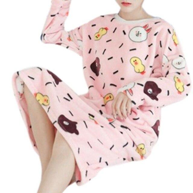 Womens Winter Thicken Flannel Long Sleeve Nightgown Cute Cartoon Animal Bear Printed Sleepwear Sweet Student Loose Knee Length N