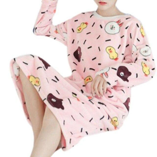 Womens Winter Thicken Flannel Long Sleeve Nightgown Cute Cartoon Animal Bear Printed Sleepwear Sweet Student Loose Knee Length N
