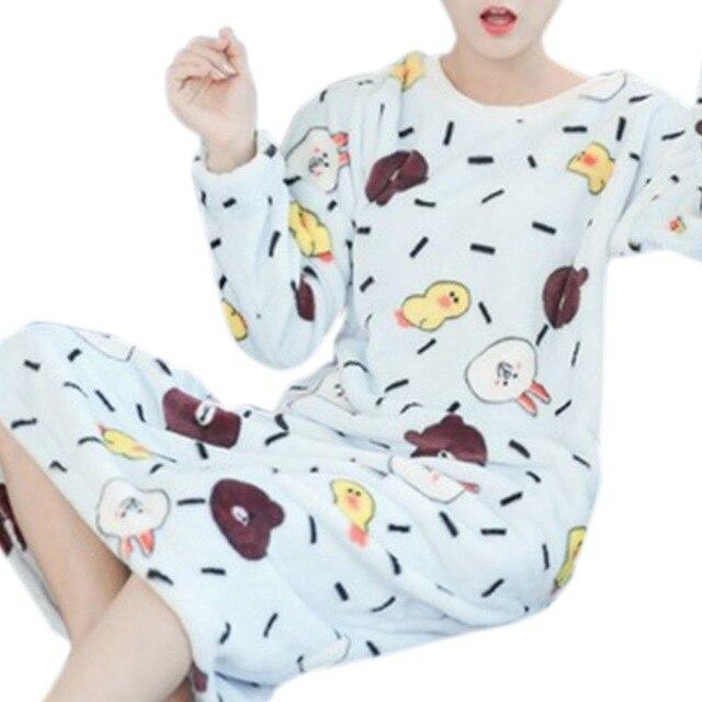 Womens Winter Thicken Flannel Long Sleeve Nightgown Cute Cartoon Animal Bear Printed Sleepwear Sweet Student Loose Knee Length N