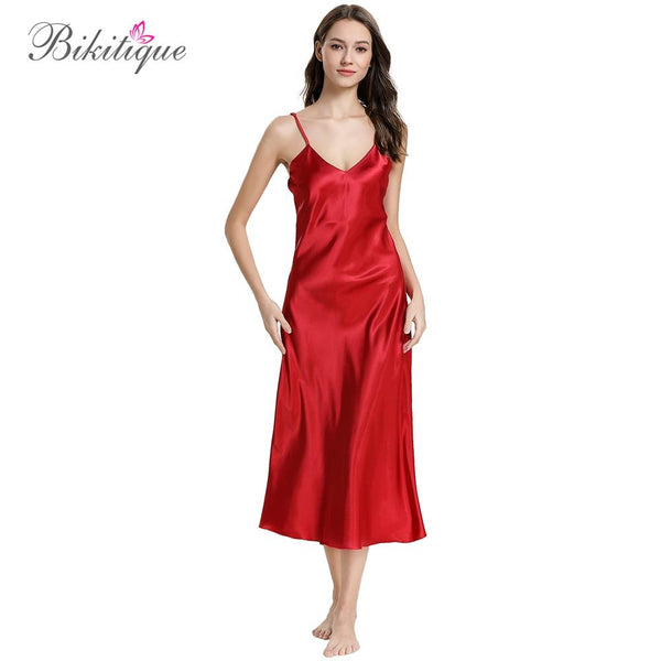 Bikitique Sexy Lingerie Nightgowns Women Satin Solid Spaghetti Strap Sleepwear Homewear Sling Long Nightdress Summer Cami Dress