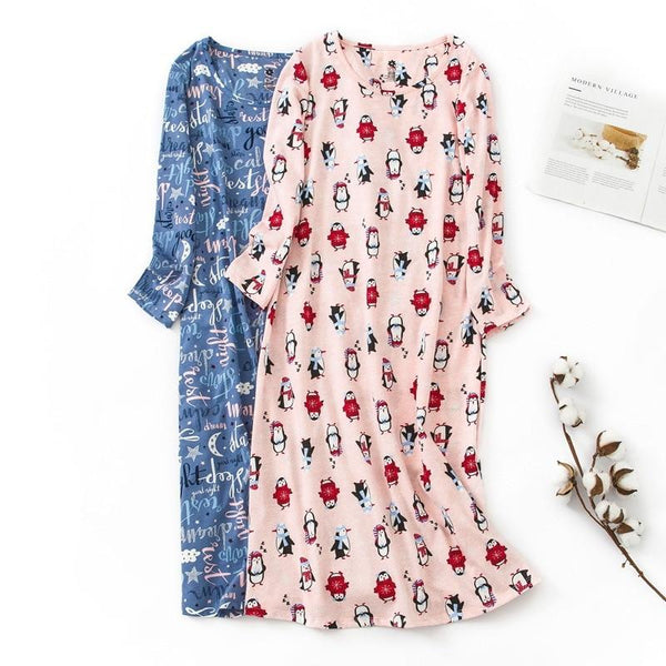 Women 100% Cotton Fresh Cartoon Long Nightgowns Autumn Winter Fashion Long Sleeves Women Sleepdress Indoor Pyjamas Nightdress
