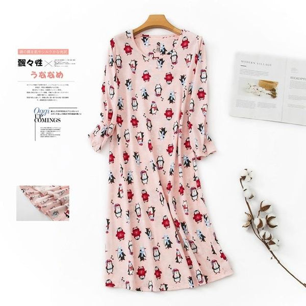 Women 100% Cotton Fresh Cartoon Long Nightgowns Autumn Winter Fashion Long Sleeves Women Sleepdress Indoor Pyjamas Nightdress